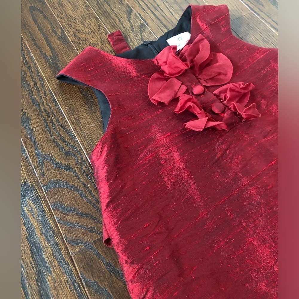 Florence Eiseman Girls 6 Cranberry Silk Dupioni Sleeveless Floral Holiday Dress - Picture 2 of 11